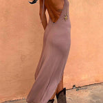 Margovil Halter Cowl Neck Backless High Low Hem Dress
