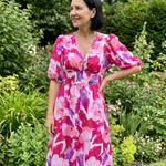 Candlia | Puff Sleeve V Neck Abstract Print Midi Dress