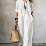 HAVEN | Long Sleeve Maxi Dress V-Neck Striped Style with Side Pockets