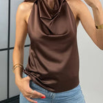 Margovil Chic Halter Cowl Neck Sleeveless Satin Top