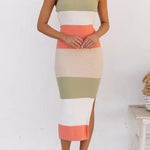 Halter Neck Color Block Side Slit Knit Midi Dress