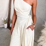 One Shoulder Irregular Hem Top High Rise Pocketed Wide Leg Pants Set