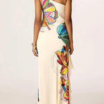 One Shoulder Sleeveless Floral Print Ruffle Hem Maxi Dress