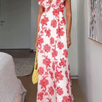 Ruffle V Neck Tie Back Floral Print Maxi Dress