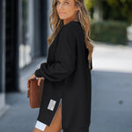 Letter Patch Detail Long Sleeve Drop Shoulder Pullover Sweatshirt Casual Zipper Side Slit Top