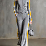 Retro Sporty Gray Ribbed Velvet Yellow Side-Stripe Stand-Collar Zip-Up Belted Wide-Leg Jumpsuit