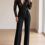 Crochet Lace Trim Deep V-Neck Floral Lace Spliced Ovearalls Casual Zipper Back Seam Front Jumpsuit with Belt