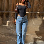 Women's Off Shoulder Bodysuit Minimalist Long Sleeve Sexy Slim Fit Bodysuit with Built-In Bra