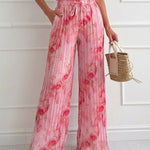 Women's Tie Dye Print Pleated Wide Leg Pants High Waisted Flowy Palazzo Pants Drawstring Lounge Pants with Pockets