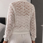 Women's Lace Hollow Out Bomber Jacket Sheer Wave Pattern Lace Zip Up Outerwear Ribbed Trim Coat