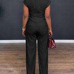 Women's 2 Piece Outfits V Neck Twist Front Slit Top and High Waisted Straight Leg Pants Set Commute Business Casual Suit
