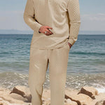 KZZ Men's Textured Long Sleeve Polo Shirt & Drawstring Pants Set