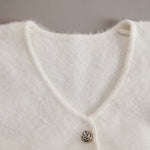 White Mohair V-neck Button Imitation Ostrich Feather Midi Dress