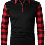 KZZ Men's Patchwork Plaid Print Half Zip Up Polo Shirt