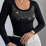 Women's Square Neck Long Sleeve Top Rhinestone Ribbed Knit Shirt Slim Fit Casual Sparkly Tee