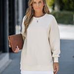 Letter Patch Detail Long Sleeve Drop Shoulder Pullover Sweatshirt Casual Zipper Side Slit Top