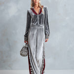 Chic Casual Striped & Leopard-Trimmed Grey Velour Jumpsuit