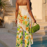 Women's Tropical Floral Jumpsuit Sexy Strapless Tube Overalls High Waisted Faux Two-Piece Jumpsuits with Detachable Clear Straps