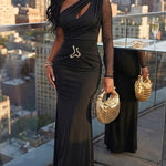 Women's One Shoulder Rhinestone Mesh Sleeve Maxi Dress Ruched Hollow-out Mermaid Evening Gown