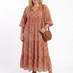 Amaroa | Geometric Print V-Neck Ruffle Midi Dress