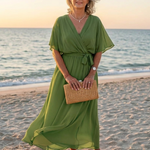 Elysia | V Neck Draped Waist Tie Midi Dress