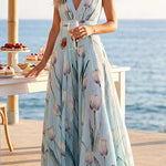 Deep V Neck Sleeveless Floral Print Swing Maxi Dress