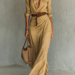 Margovil Lapel Long Sleeves Button Up Maxi Dress With Belt