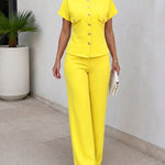 Women's 2 Piece Outfits Short Sleeve Button Down Top and Straight Leg Pants Set Casual Commuter Suits