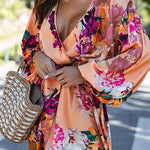 Wrap V Neck Long Sleeves Tie Waist Floral Print Romper