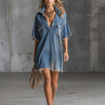 Stylish And Casual Frayed-edge Blue Denim Short-sleeved Mini Dress
