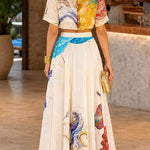 Crewneck Short Sleeves Crop Top High Rise Maxi Skirt Floral Print Set
