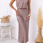 High Neck Sleeveless Waisted Satin Midi Dress