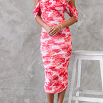 Off Shoulder Ruched Mesh Overlay Slim Fit Floral Midi Dress