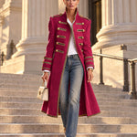 Vintage Military Magenta Gold Button Braided Trim Stand Collar Long Wool Coat