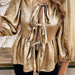 Gold Solid Color Bowknot Front Puff Sleeve Blouse