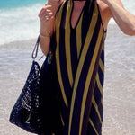 Striped Print V-Neck Loose Beach Vacation Maxi Dress