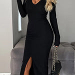 Solid color fashionable V-neck long-sleeved pit long dress