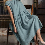 Short Sleeve Round Neck Solid Color Loose Pleated Swing Mid-Long Dresses