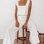 Two Piece Outfits Lounge Sleeveless Square Collar Crop Tops Wide Leg Pants Sets