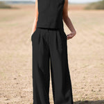 Two Piece Outfits Plain Sleeveless Workout Tank Tops Loose Pockets Pants Sets