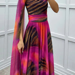 Lucia Unique Print Floral Detail One Shoulder Draped Sleeve Gown Maxi Dress