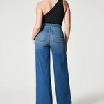 Seamed Front Wide Leg Jeans Elastic Waist Stretch Denim Flare Jeans