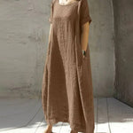 Round NeckKnee Length Summer Dress Casual Short Sleeves Loose Oversized Dress