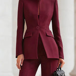 Long Sleeves Buttoned Pockets Solid Color Stand Collar Blazer Outerwear