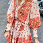 Palace Print Button Smocked Sleeve Belt Mini Dress