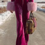 Fashion Retro Rose Red Velvet Faux Fur Collar Long Sleeve Flared Jumpsuit