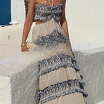 Ultimate Island Linen Blend Fringed Patchwork Cutout Halter Maxi Dress