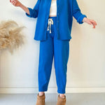 Simple Casual Two-Piece Set with Fleece Inside Lapel-Neck Shirt+Wide-leg Pants
