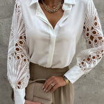 Nadorine Elegant Lace V-NeckShirt Solid Color Hollow Out Long Sleeve Patchwork Blouse
