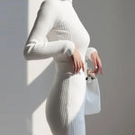 Elegant Turtleneck Sweater Dress Slim-fitting Belted Knee-length Knitted Dress